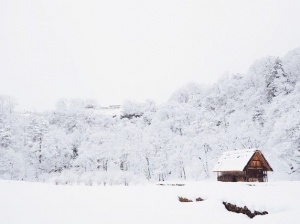 Houten huisje in sneeuw